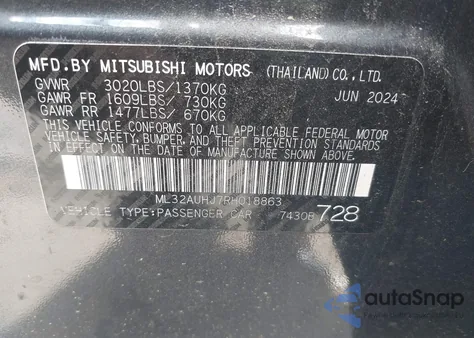 2024 Mitsubishi Mirage Es/Le from USA, damaged, VIN ML32AUHJ7RH018863